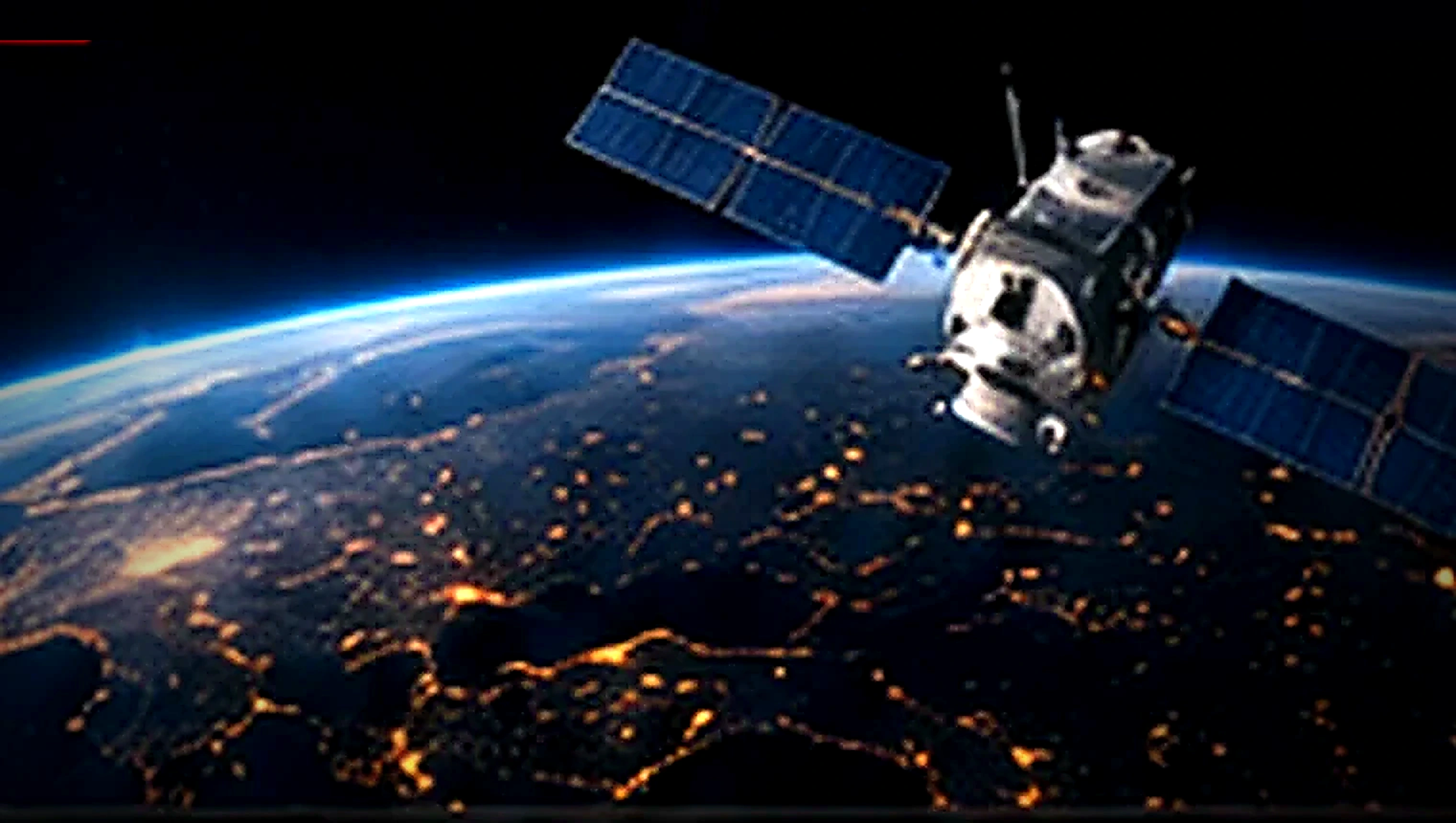 UHD-hochauflösende realistische Darstellung eines Satelliten über Nachtlichtern der Erde für Türksat 42 Grad Ost